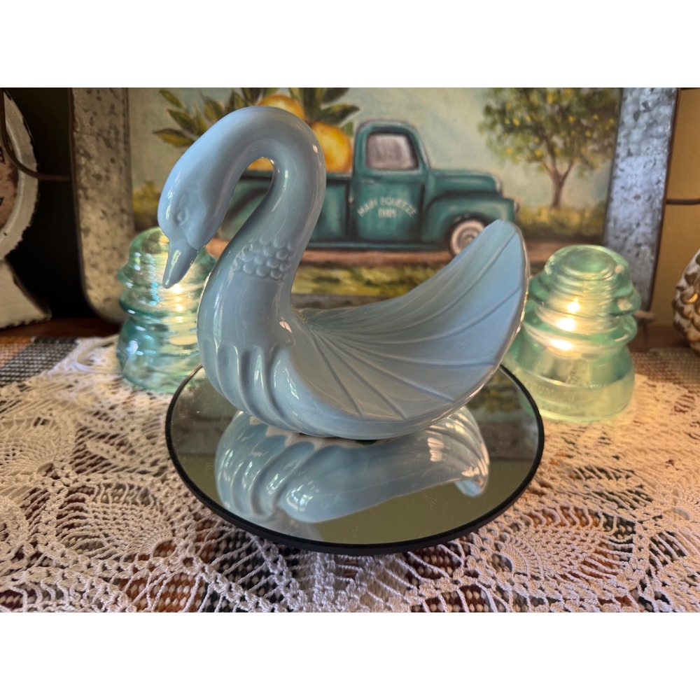Vintage Light Blue Ceramic Swan Figurine Pastel Bird Home Decor Accent